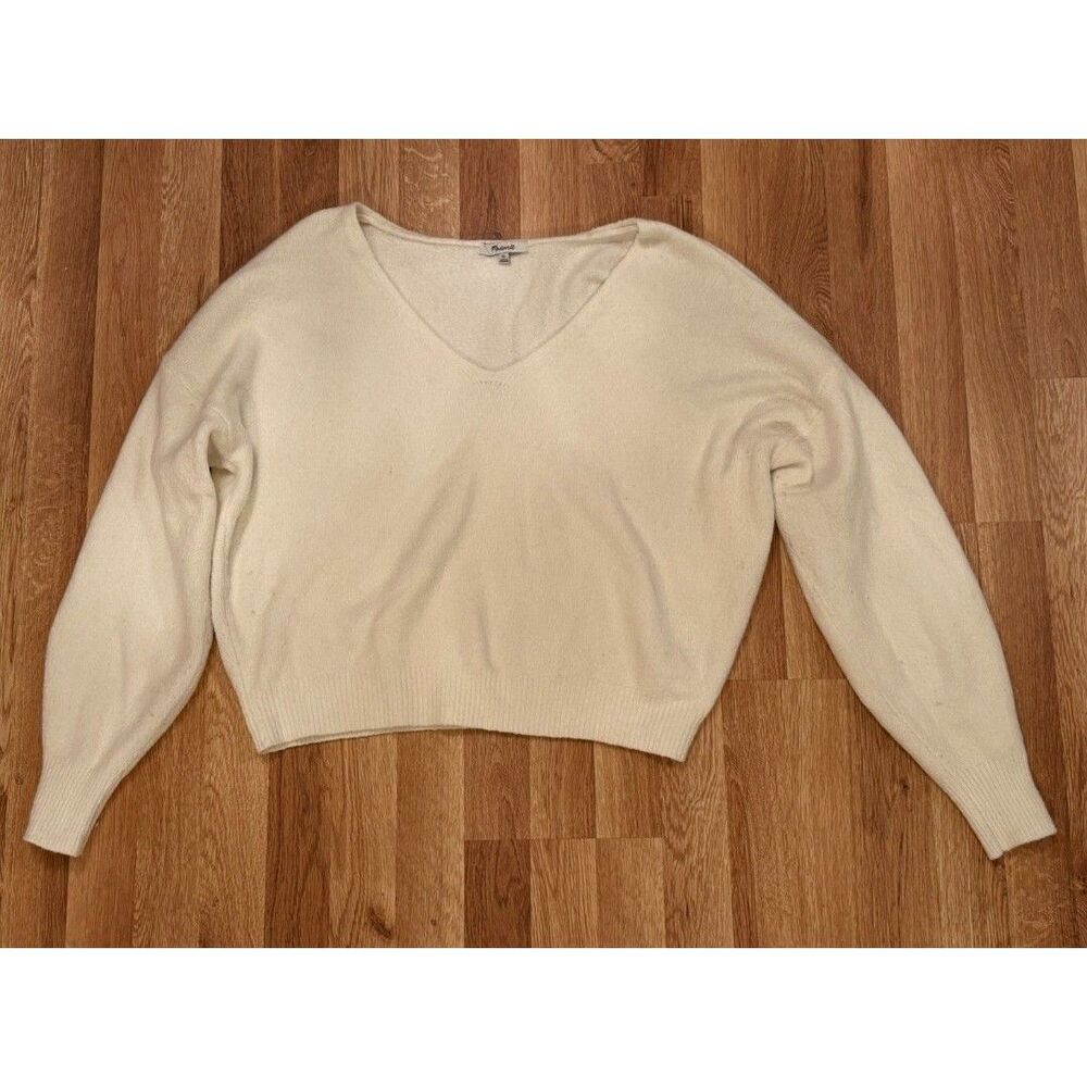 Madewell Cream Sweater XL V Neck Crop Minimalist Soft Cozy Chic MerinoWool Blend